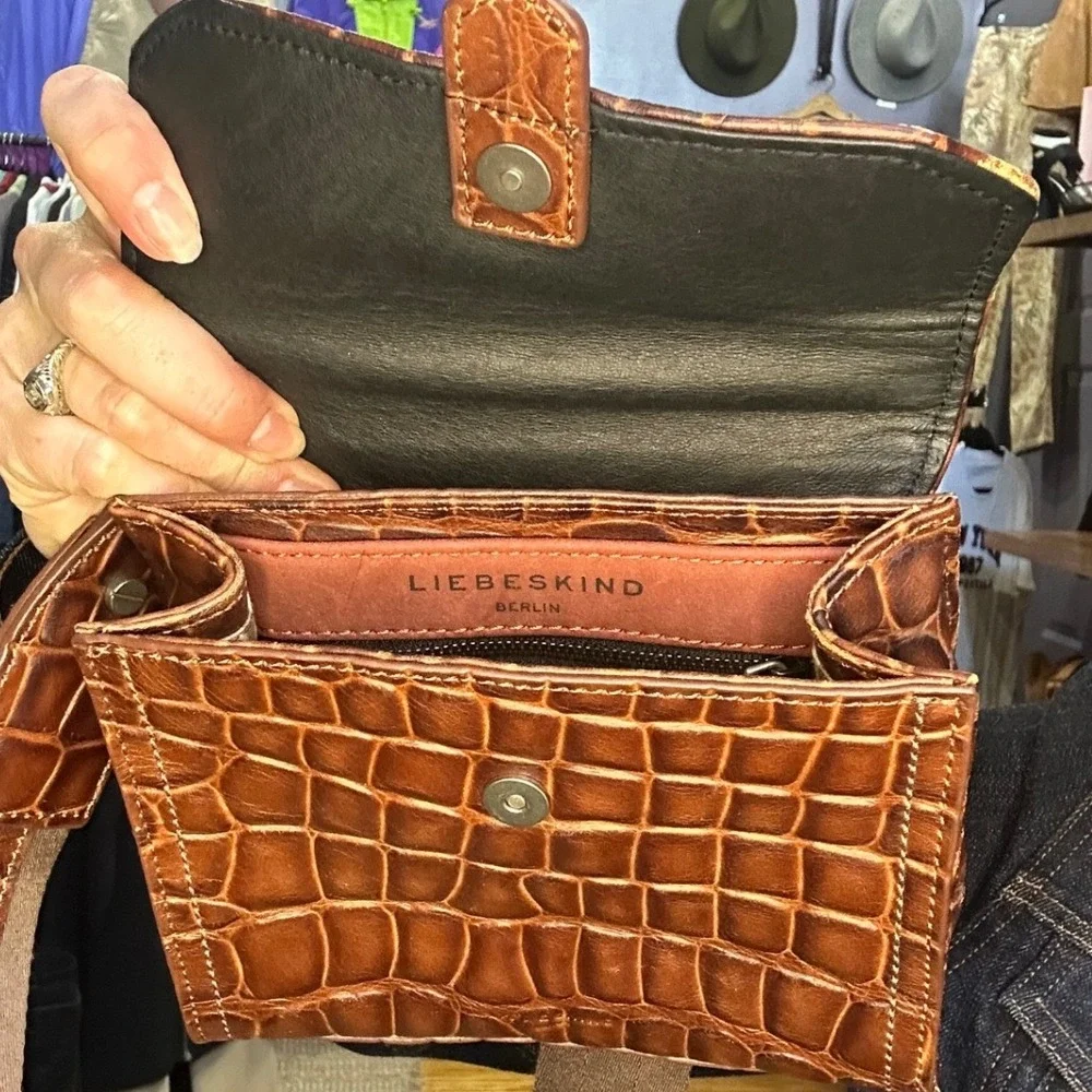 Liebeskind Berlin Brown Croc Embossed Leather Top Handle Crossbody Satchel Bag